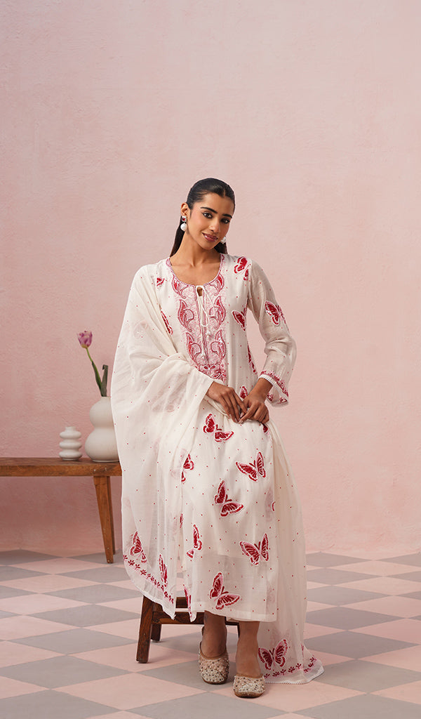 Titlee Women's Lakhnavi Handcrafted Mul Chanderi Chikankari Stitched Kurta, Dupatta And Pant Set - HONC0659745
