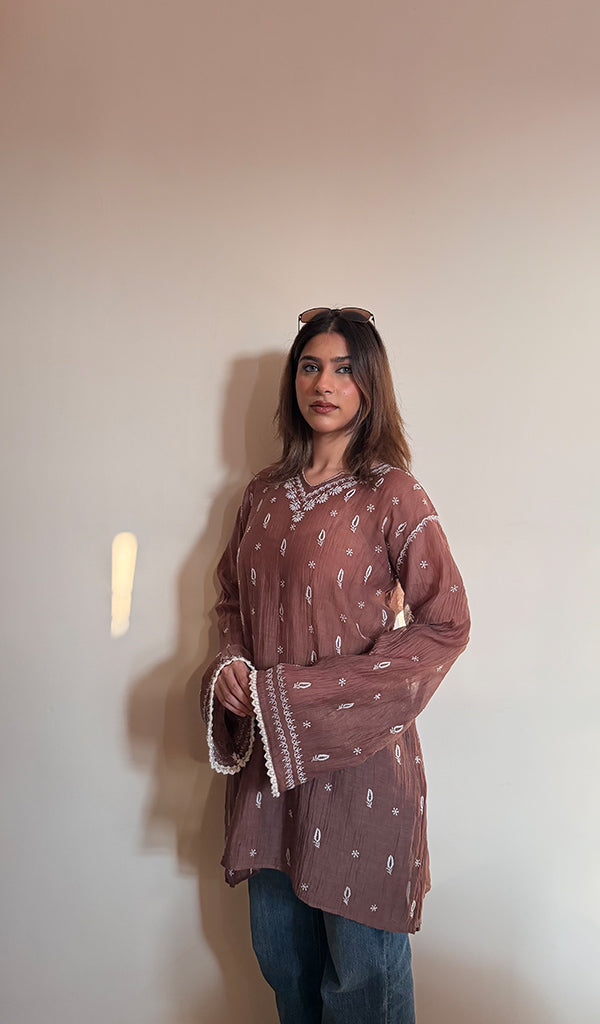 Brown Pure Mul Chanderi Chikankari Stitched Short Kurti