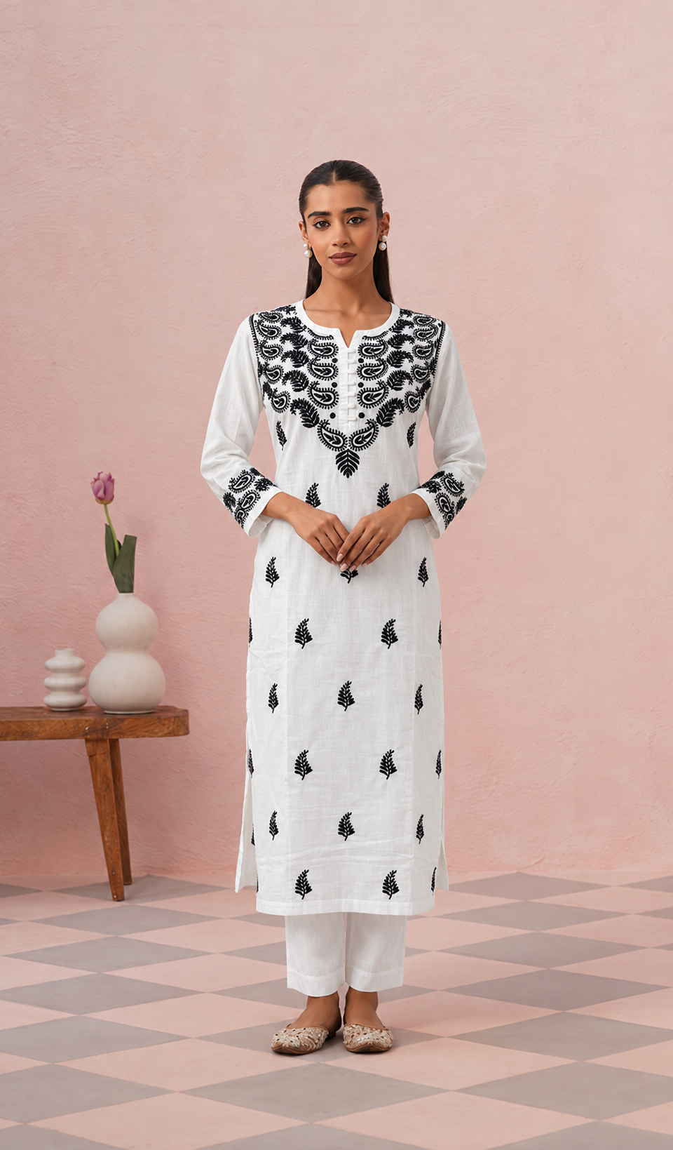 Women's Lucknowi Handcrafted Cotton Chikankari Kurti - HONC090132