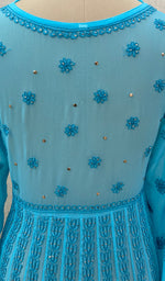 Load image into Gallery viewer, Women&#39;s Lakhnavi Handcrafted Turquoise Faux-Georgette Chikankari Anarkali Dress - NC0852