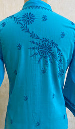 Load image into Gallery viewer, Women&#39;s Lucknowi Handcrafted Turquoise Cotton Chikankari Kurti - NC068812
