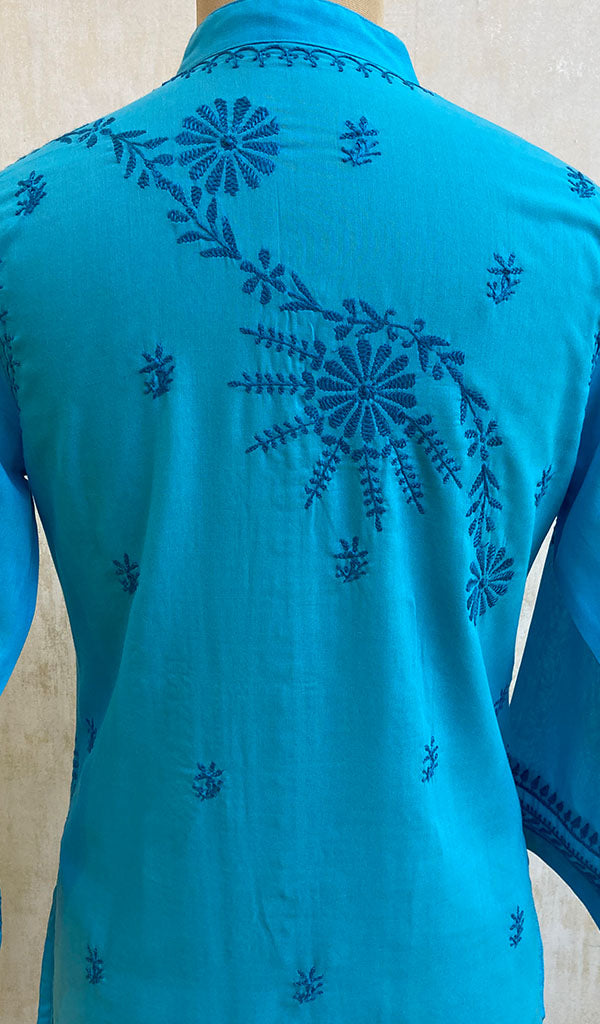 Women's Lucknowi Handcrafted Turquoise Cotton Chikankari Kurti - NC068812
