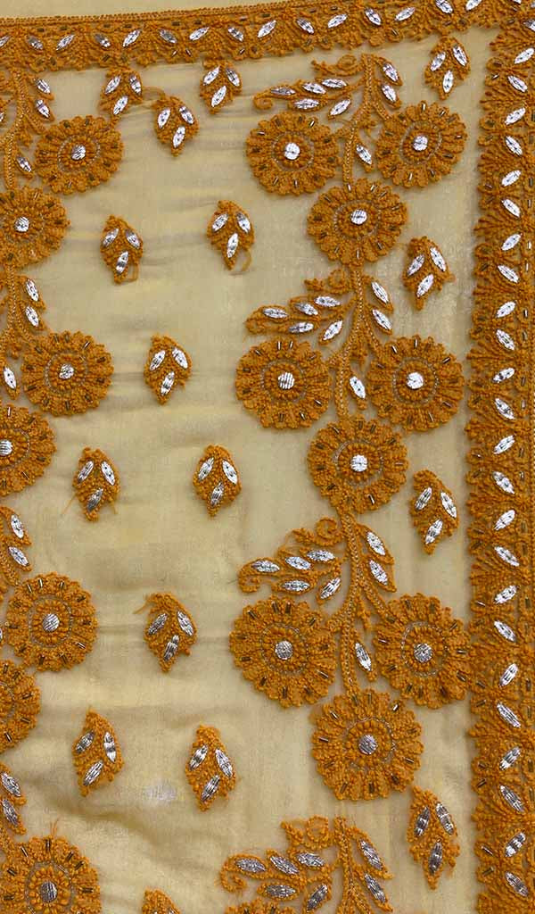 Women's Lucknowi Handcrafted Mustard Yellow Faux-Georgette Chikankari Saree - NC075614