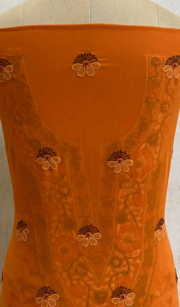 Women's Lakhnavi Handcrafted Pure Silk Georgette Chikankari Suit Material - NC023442