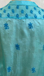 将图像加载到图库查看器中， Women&#39;s Lucknowi Handcrafted Turquoise Tussar Silk Chikankari Top - HONC03070