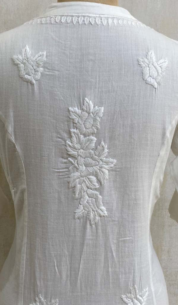 Women's Lakhnavi Handcrafted White Linen Cotton Chikankari Kurti - HONC06902