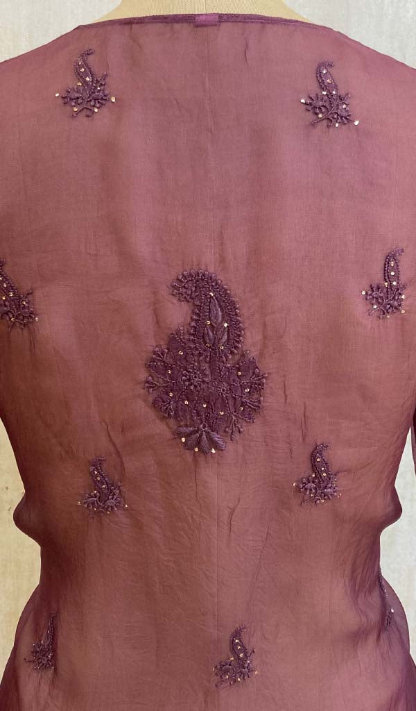 Women's Lucknowi Handcrafted Purple Organza Chikankari Kurti - NC075894