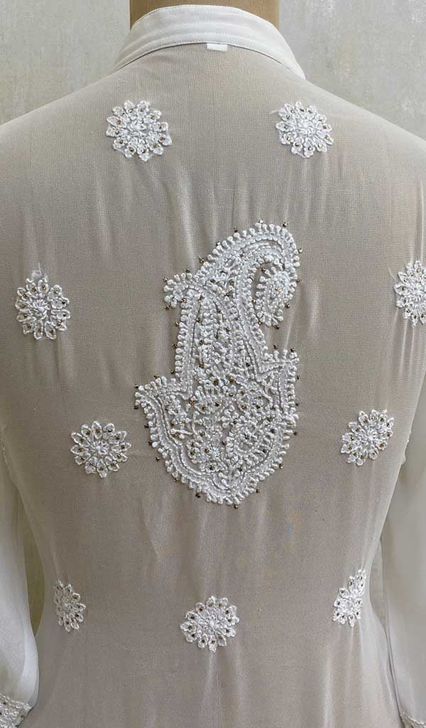Women's Lakhnavi Handcrafted White Faux-Georgette Chikankari Dress - HONC011170