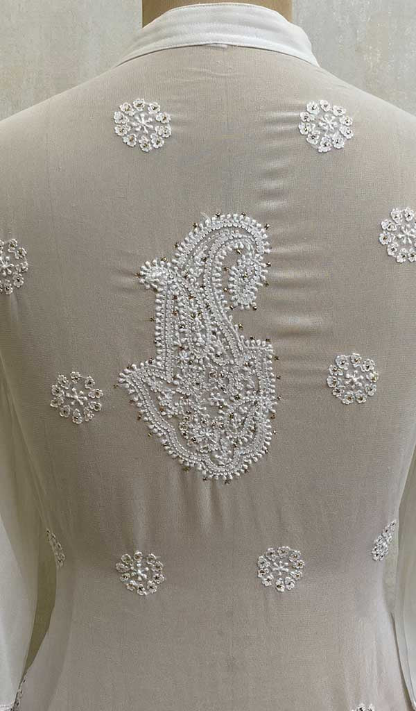 Women's Lucknowi Handcrafted White Faux-Georgette Chikankari Dress - HONC011169