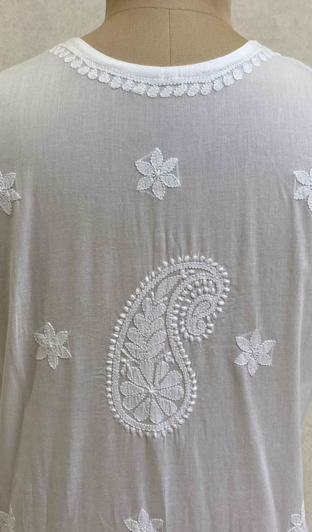 勒克瑙手工制作的白色棉质 Chikankari Kurti - HONC029997