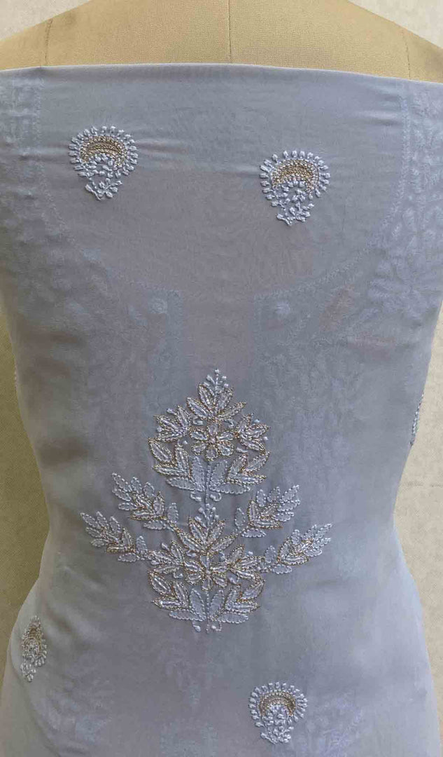 Women's Lakhnavi Handcrafted Grey Viscose Georgette Chikankari Suit Material  - HONC026423