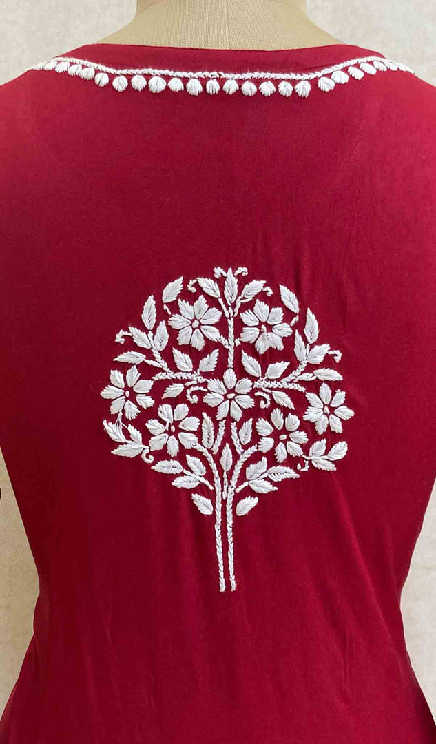 Women's Lucknowi Handcrafted Red Modal Cotton Chikankari Kurti - HONC033899