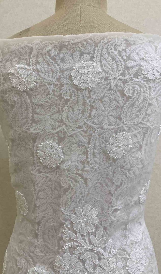 Women's Lakhnavi Handcrafted White Faux-Georgette Chikankari Suit Material- HONC024244
