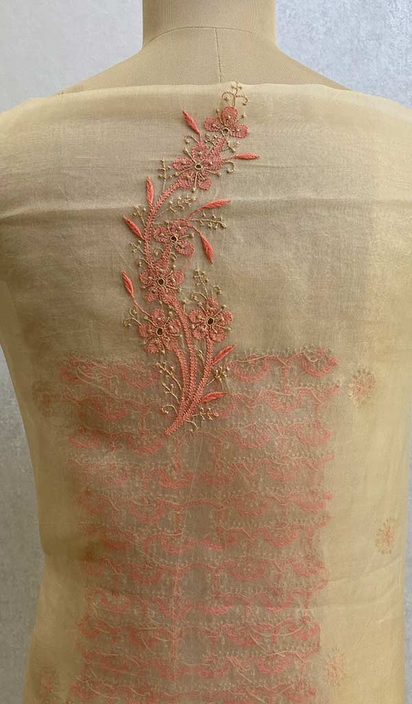Women's Lucknowi Handcrafted Pure Organza Silk Chikankari Unstitched Kurti Fabric - Honc067935