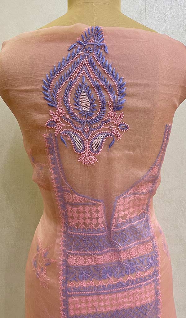 Women's Lucknowi Handcrafted Pure Organza Silk Chikankari Unstitched Kurti Fabric - Honc077276