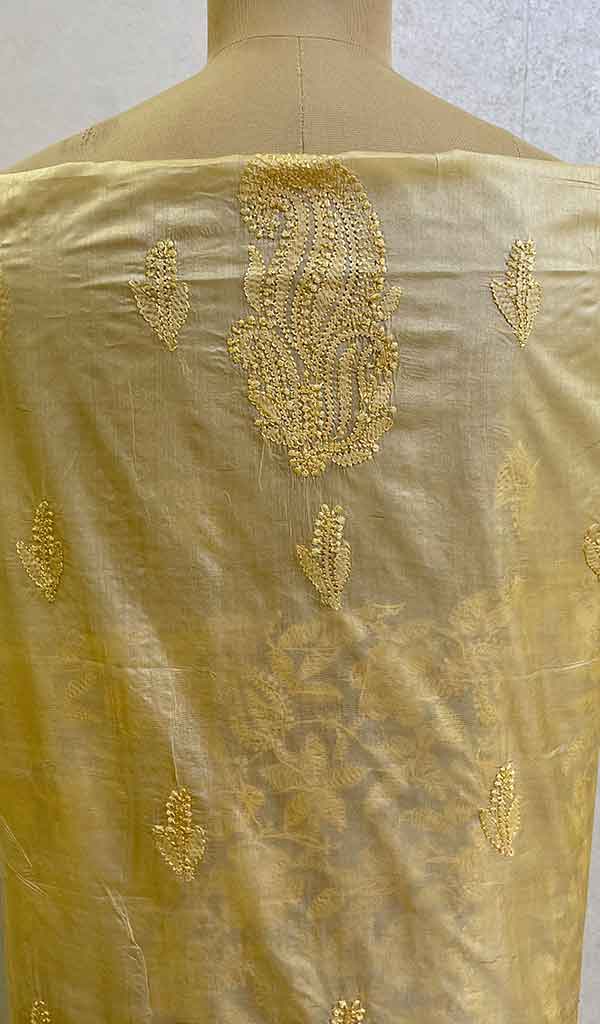 Lakhnavi 手工制作 Tussar 丝绸 Chikankari 未缝合 Kurti 面料 - Honc090856