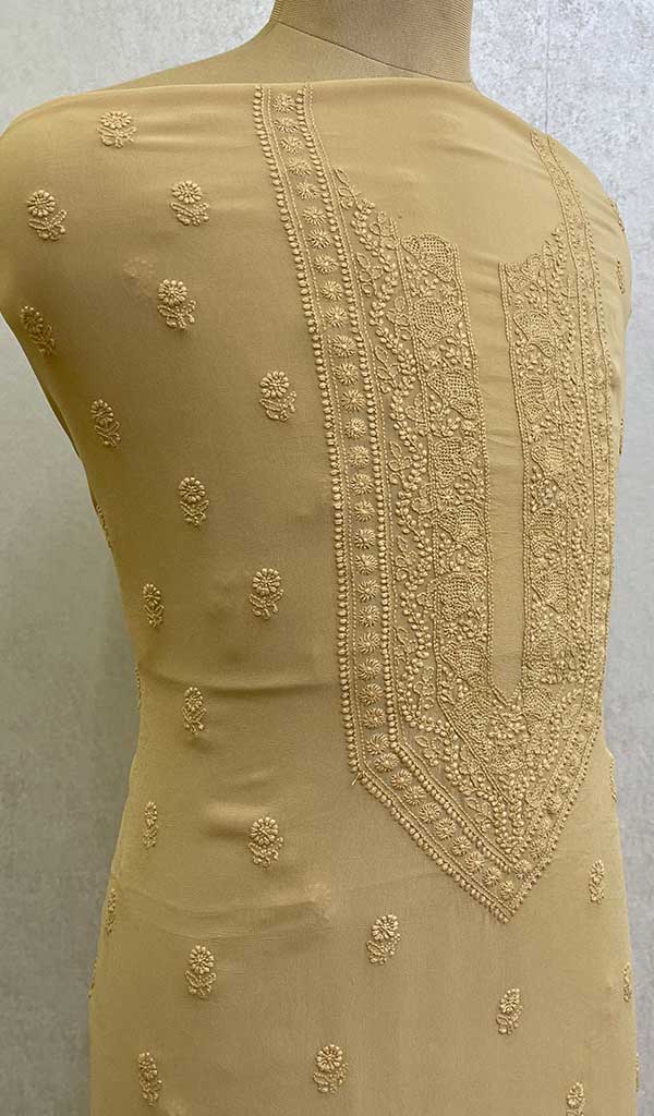 Lucknowi Handcrafted Viscose Georgette Chikankari Unstitched Men's Kurta Fabric - HONC0112612