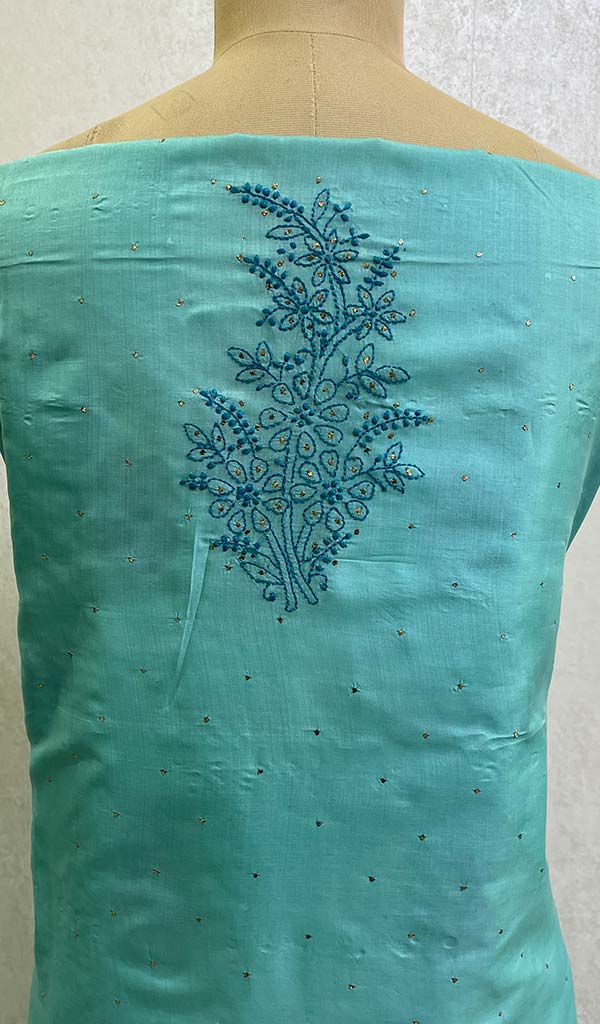 Women's Lakhnavi Handcrafted Munga Silk Chikankari Kurta And Dupatta Set - HONC0107590