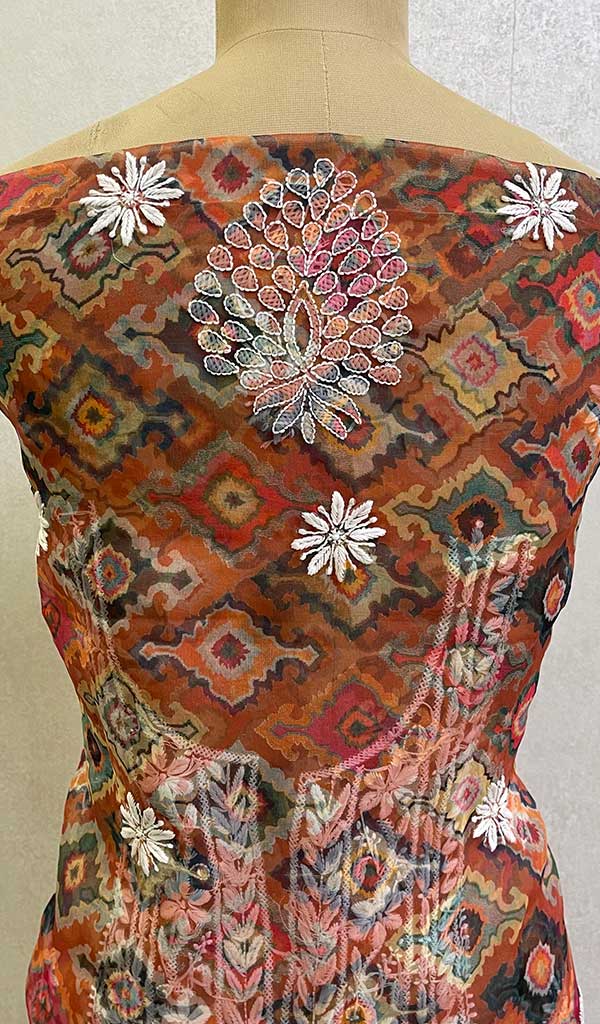 Lakhnavi 手工制作的欧根纱 Chikankari 未缝合 Kurti 面料 - Honc083543