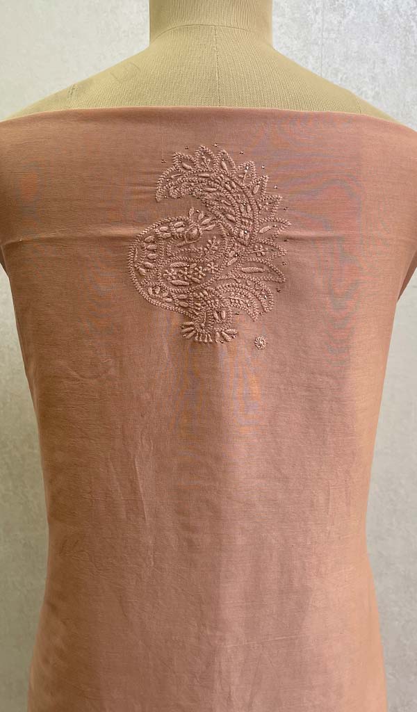 Lakhnavi 手工制作 Chanderi 丝绸 Chikankari 未缝合 Kurti 面料 - Honc091931