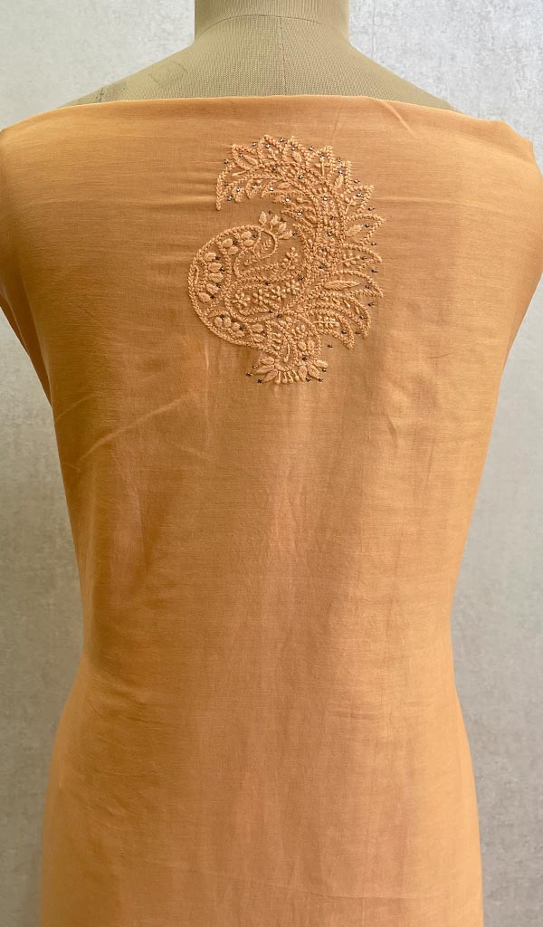 Women's Lakhnavi Handcrafted Chanderi Silk Chikankari Unstitched Kurti Fabric - Honc091927