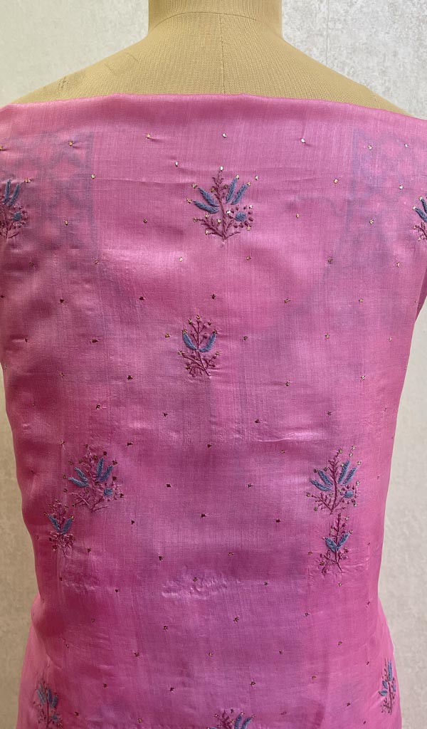Lakhnavi 手工制作的 Munga 丝绸 Chikankari Kurta 和 Dupatta 套装 - HONC0107601