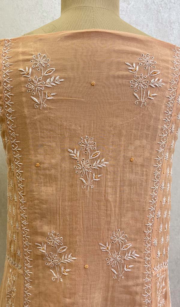 Women's Lakhnavi Handcrafted Mul Chanderi Chikankari Semi Stitched Kurta  And Dupatta Set- HONC0103528