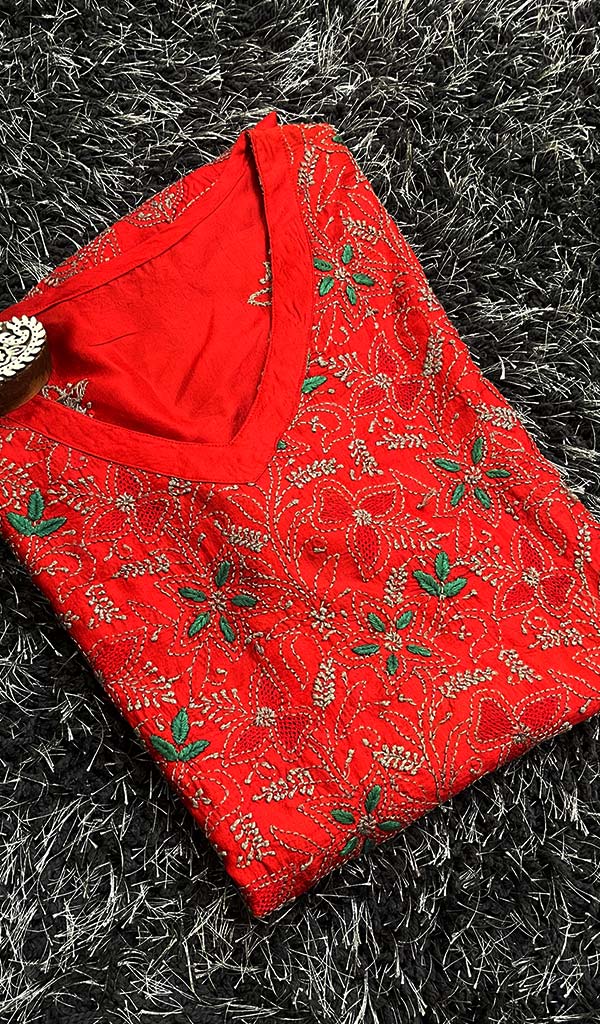 Women's Lucknowi Handcrafted Silk Chikankari Kurti - HONC0109238
