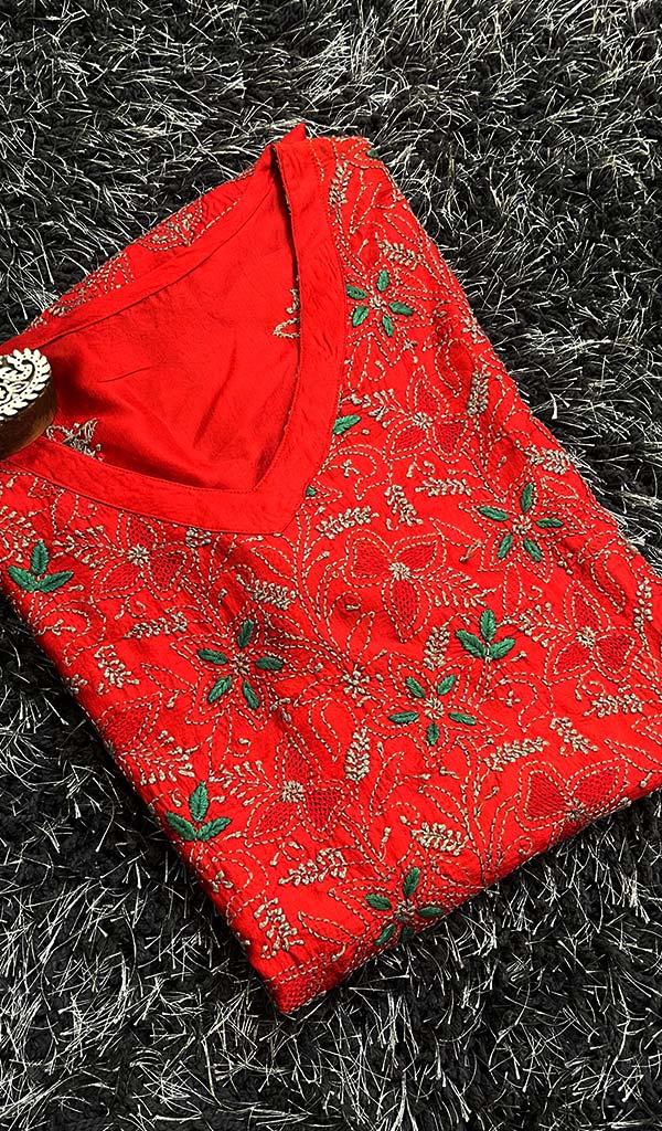 Women's Lucknowi Handcrafted Silk Chikankari Kurti - HONC0109238