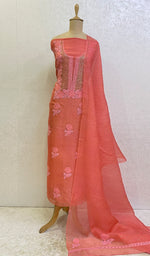 将图像加载到图库查看器中， Afeera Women&#39;s Lakhnavi Handcrafted Pure Organza Chikankari Unstitched Kurta And Dupatta Set- HONC0147620
