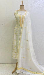 Load image into Gallery viewer, Women&#39;s Lucknowi Handcrafted Chanderi Silk Chikankari Kurta Dupatta Fabric - HONC067434
