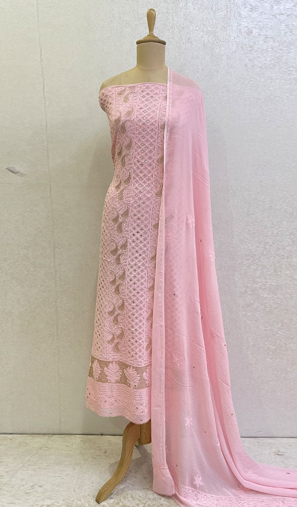 Women's Lakhnavi Handcrafted Viscose Georgette Chikankari Full Suit Material - HONC0142347