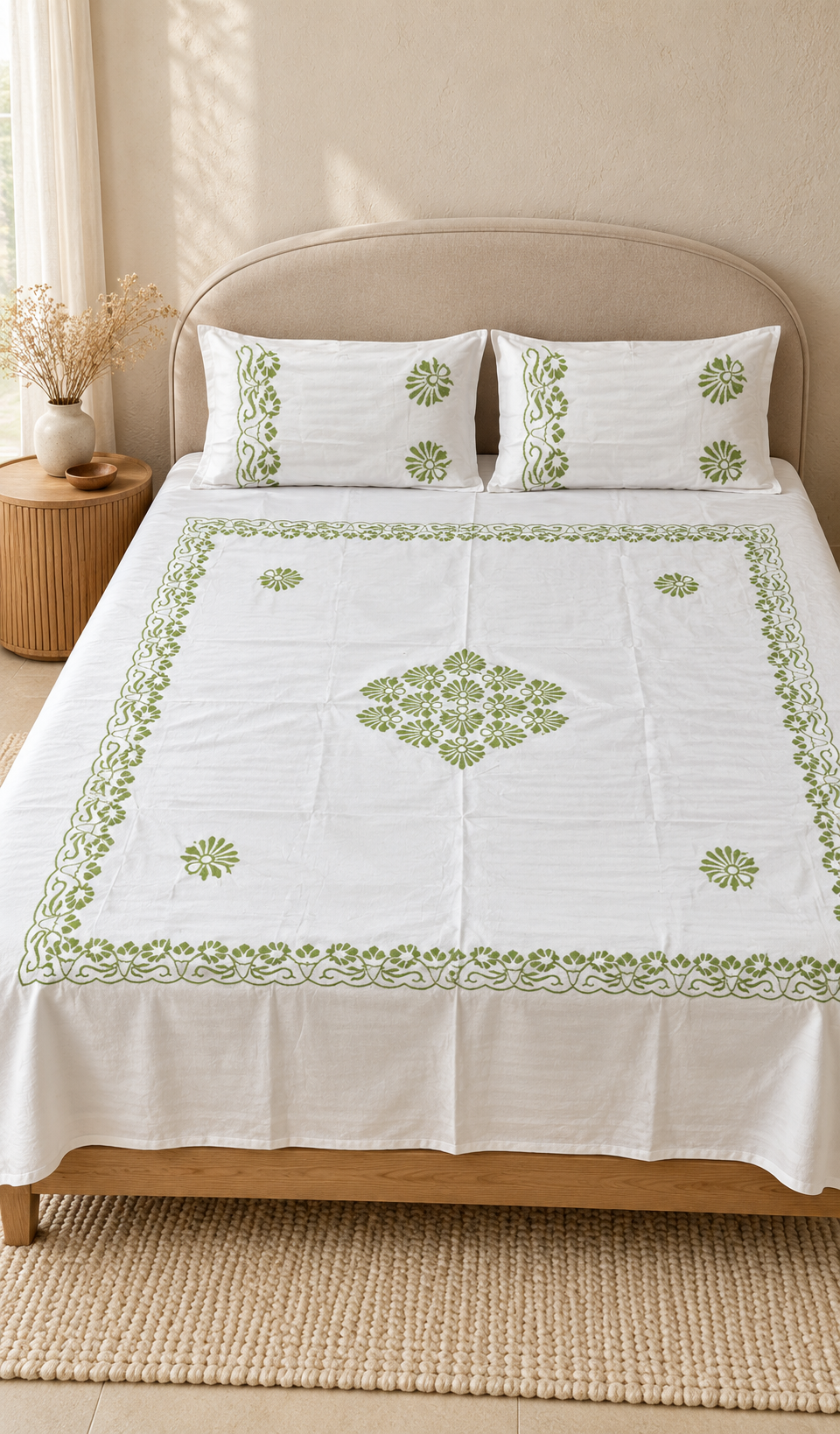 Lakhnavi Handcrafted Cotton Chikankari Bedsheet Set - HONC0394527