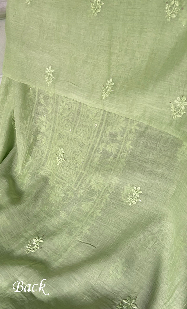 Women's Lakhnavi Handcrafted Mul Chanderi Unstitched Chikankari Full Suit Material - HONC0324498