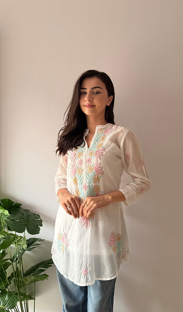 Sophia Women's Lakhnavi Handcrafted Mul Chanderi Chikankari Top - HONC0372931