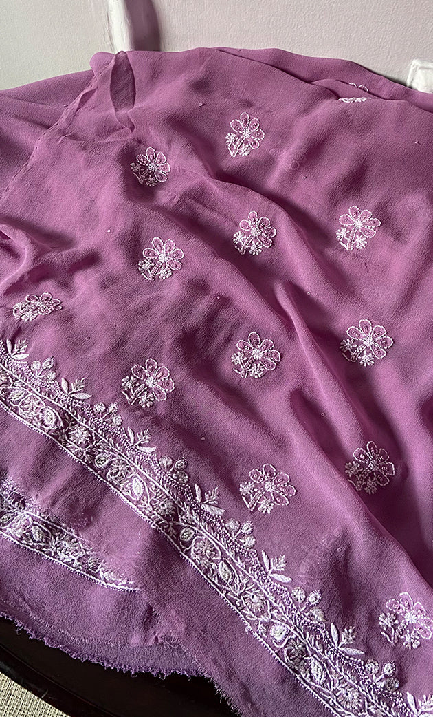 Women's Lakhnavi Handcrafted Pure Silk Georgette Chikankari Suit Material -  HONC0188582