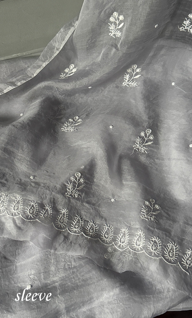 Women's Lakhnavi Handcrafted Pure Organza Chikankari Unstitched Kurta And Dupatta Set- HONC0305191