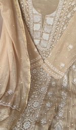 Beige Pure Mul Chanderi Chikankari 3 Pc Semi-Stitched Anarkali Suit Set