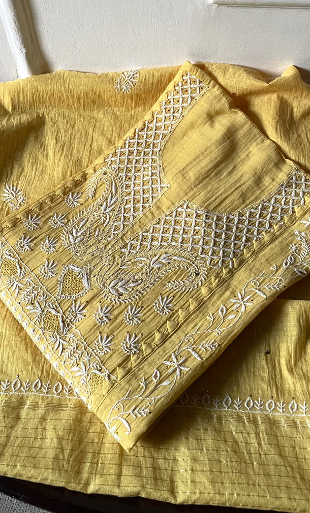 Women's Lakhnavi Handcrafted Mul Chanderi Semi - stitched Kurta And Dupatta Set- HONC0282405