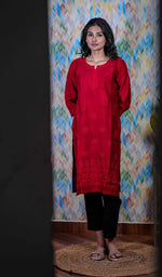 将图像加载到图库查看器中， Heena Women&#39;s Lucknowi Handcrafted Raw Silk Chikankari Kurti - HONC020971
