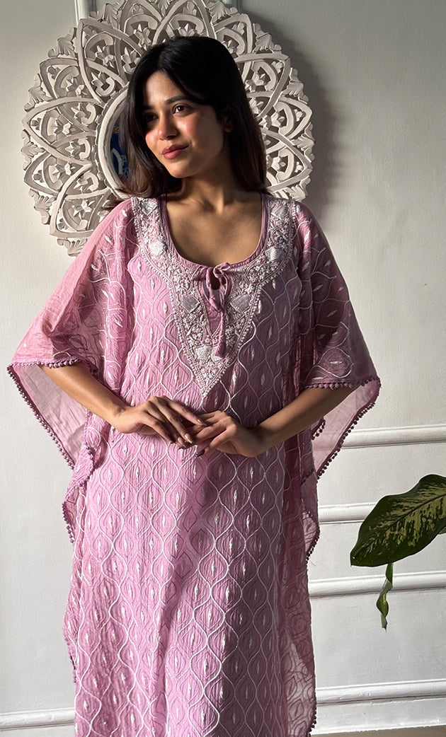 Rabia Women's Lucknowi Handcrafted Mul chanderi Chikankari Kaftan - HONC0326232