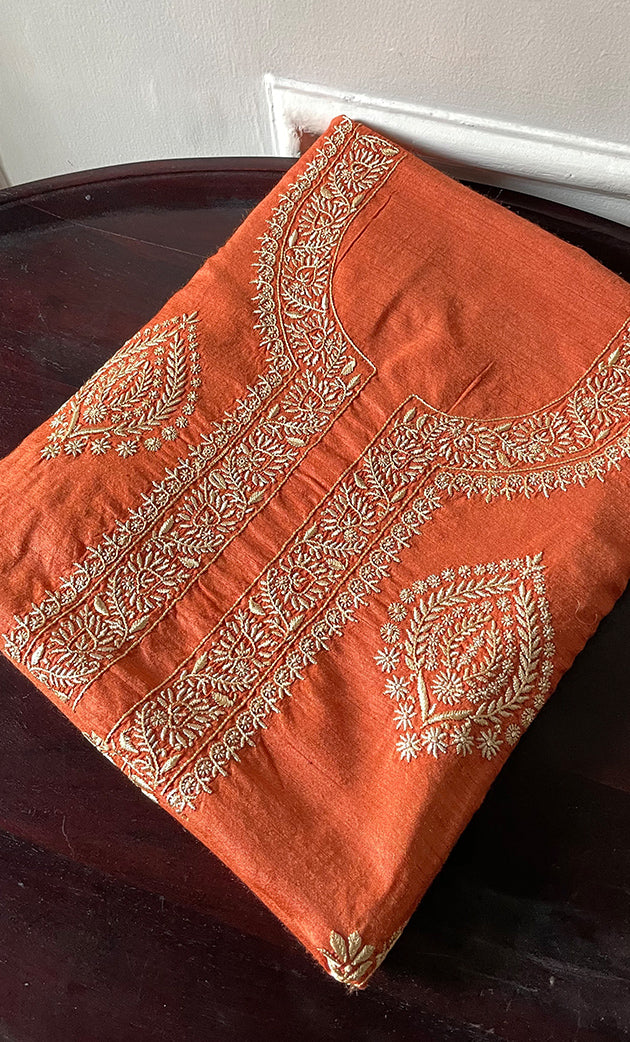 Lucknowi Handcrafted Munga Silk Chikankari Unstitched Men's Kurta Fabric - HONC0327311