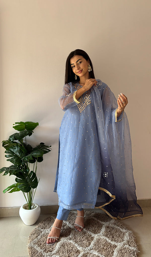 Alfia Women's Lucknowi Handcrafted Pure Organza Silk Stitched Chikankari Kurta, Dupatta With Pant Set- HONC0366950