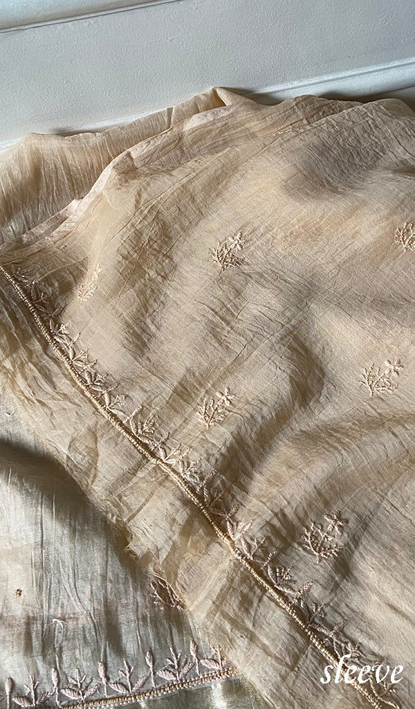Women's Lakhnavi Handcrafted Mul Chanderi Unstitched Chikankari Full Suit Material - HONC0345039