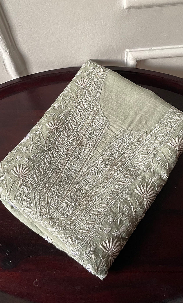 Women's Lakhnavi Handcrafted Munga Silk Chikankari Unstitched Kurti Fabric - HONC0316122