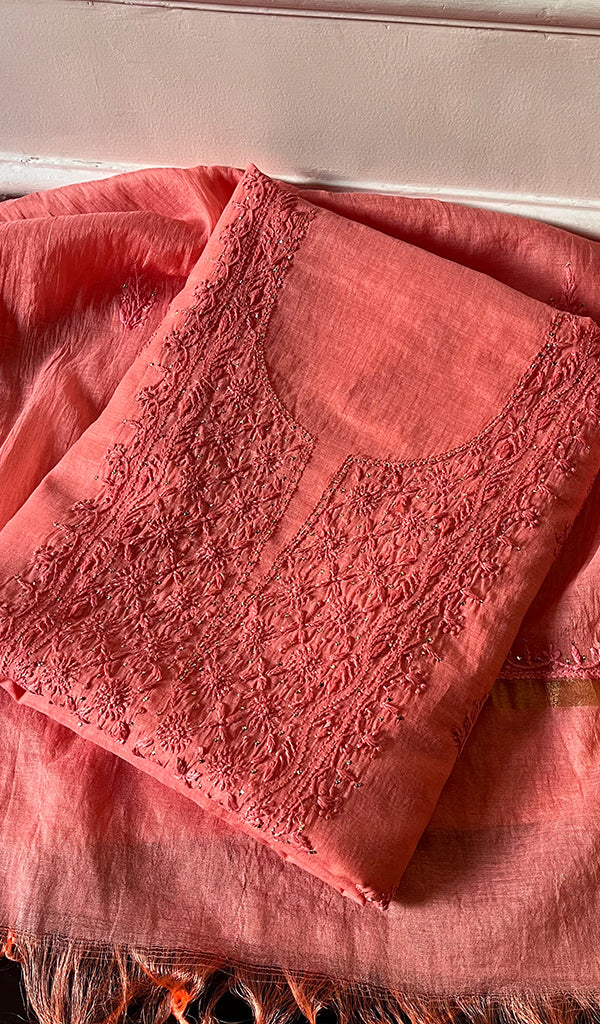 Women's Lakhnavi Handcrafted Unstitched  Mul Chanderi Chikankari Full Suit Material - HONC0282291