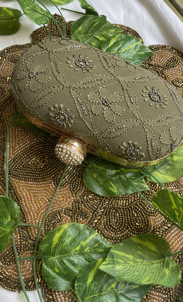 Olive Green Embroidered Clutch with Golden Crystal Clasp - HONC0313597