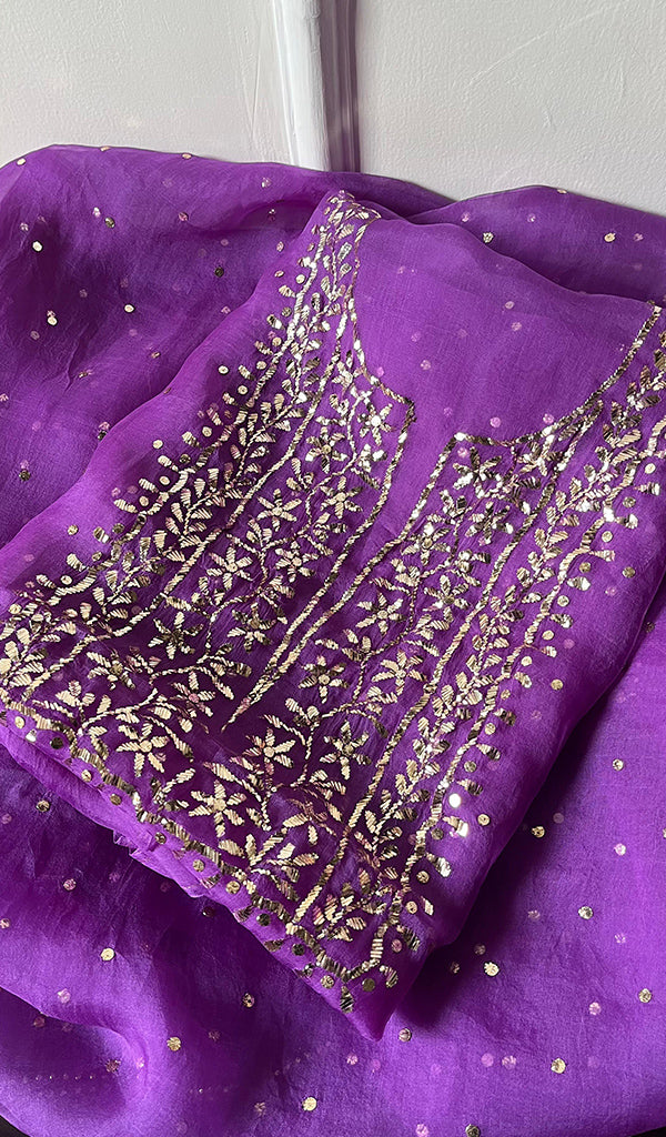 Marifa Women's Lakhnavi Handcrafted Pure Organza Chikankari Unstitched Kurta And Dupatta Set- HONC0296141