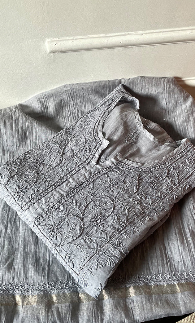 Women's Lakhnavi Handcrafted Mul Chanderi Semi - stitched Chikankari Full Suit Material - HONC0319560