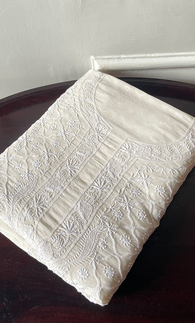 Lucknowi Handcrafted Pure Silk Georgette Chikankari Unstitched Men's Kurta Fabric - HONC0313303